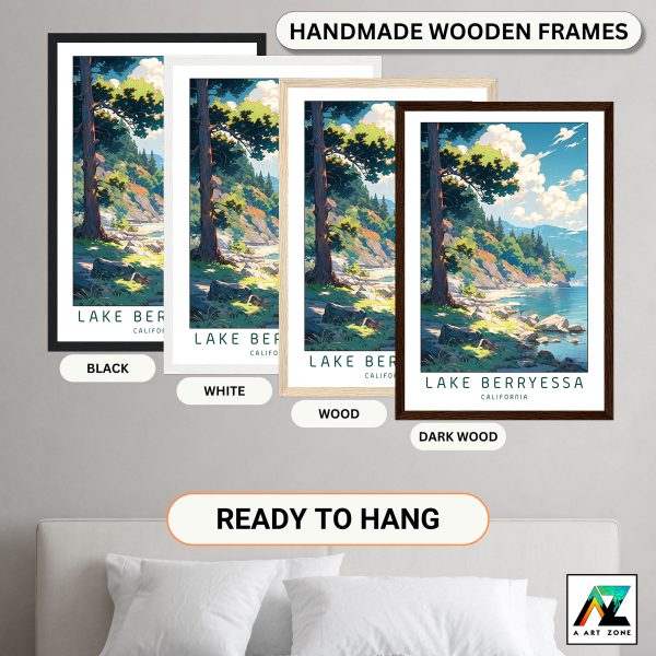 Artistry by the Lake: Framed Wall Art of Lake Berryessa in Vaca Mountains on a Sunny Day