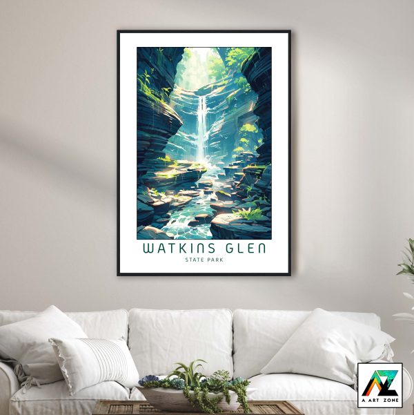 Bring the waterfall beauty of Watkins Glen State Park, New York, into your living space with our framed wall art. This captivating masterpiece showcases the waterfall's scenery, offering a visual escape to New York's tranquil wilderness. Redefine your decor with the timeless charm of Watkins Glen as it unfolds on your walls.